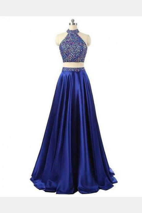 Prom Dresses, Two Pieces Prom Dresses, 2 Piece Prom Dresses, 2017 Prom Dresses, Dark Royal Blue Evening Dresses, Beaded Prom Gowns, Prom Dresses with Halter, Pageant Dress, Prom Dress with Beadings
