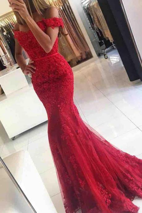 Prom Dresses, Red Lace Prom Dresses, Mermaid Prom Dresses, Prom Dress with Cap Sleeve, Lace Prom Dresses Long, Off The Shoulder Prom Dress, 2017 Prom Dresses, Sexy Prom Dress, Sexy Mermaid Prom Gowns, Custom Made