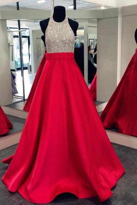 Prom Dresses, Halter Prom Gowns, Long Satin Prom Dresses, Red Prom Dress, Pageant Dress, Prom Dresses with Beadings, Backless Prom Dress, Evening Dress, 2017 Prom Dresses, Custom Made