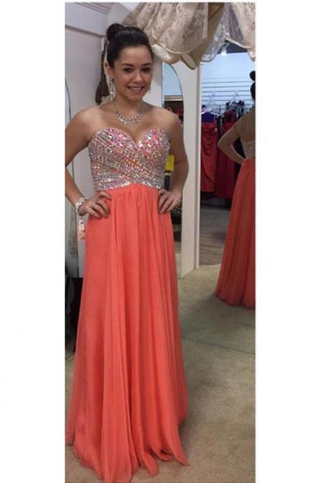 Prom Dresses, Prom Dresses with Beadings, Sweetheart Prom Dresses, Strapless Prom Dresses, Orange Chiffon Prom Dresses, Long Prom Dresses, 2017 Prom Dresses, Sexy Prom Dresses Backless, Evening Dresses, Prom Dresses 2017, Real Samples Prom Dresses, Custom Made