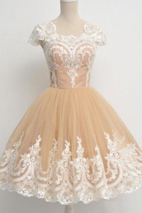 Short Prom Dresses, Champagne Tulle White Lace Prom Dresses, Prom Dresses, Cap Sleeves Prom Dresses, Short Prom Dress, Real Samples Prom Dresses, Lace Prom Dresses Appliquéd, Short Homecoming Dresses, Graduation Dresses, Mini Party Dress, Prom Dresses 2017, Custom Made