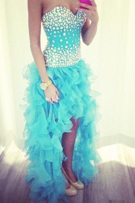 Prom Dresses, Prom Dresses Beadings, Organza Ruffles Prom Dresses, Ice Blue Prom Dresses, Strapless Prom Dresses, Long Prom Dresses, 2017 Prom Dresses, Sexy Prom Dresses with Split Side, Evening Gowns, Prom Dresses 2017, Custom Made