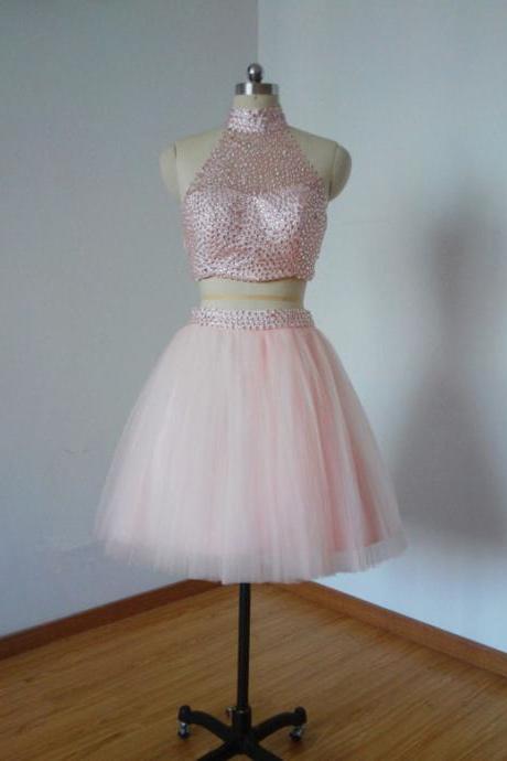Prom Dresses, Pink Prom Dresses, Short Tulle Prom Dresses, Two Pieces Prom Dresses, Sexy Prom Dresses, 2 Pieces Prom Dresses, 2017 Prom Dresses, Short Homecoming Dresses, Graduation Dresses, Mini Party Dress, Prom Dresses with Beadings, Custom Made
