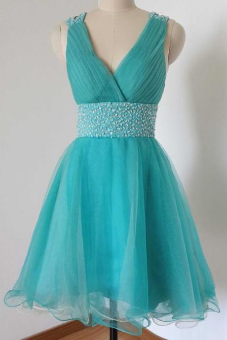 Homecoming Dresses, Graduation Dresses, Mini Party Dress, 2017 Homecoming Dresses with Silver Beaded, Short Prom Dresses, Turquoise Prom Dresses, Organza Homecoming Prom Dresses, Prom Dresses, V Neckline Prom Dress, Real Samples Prom Dresses, 2017 Prom Dresses, Custom Made