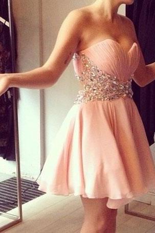 Homecoming Dresses, Graduation Dresses, Mini Party Dress, 2017 Homecoming Dresses with Beadings, Short Prom Dresses, Pink Prom Dresses, Chiffon Homecoming Prom Dresses, Strapless Prom Dresses, Short Prom Dress, Real Samples Prom Dresses, 2017 Prom Dresses, Custom Made