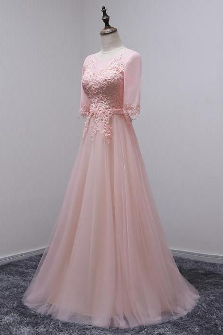 Prom Dresses, Coral Prom Dresses, Half Sleeve Prom Dress, A line Prom Dresses, Long Prom Dresses, Tulle Lace Evening Gowns Appliquéd, Evening Dresses, Lace Prom Dresses, Wedding Party Dresses, 2017 Prom Dresses, Custom Made