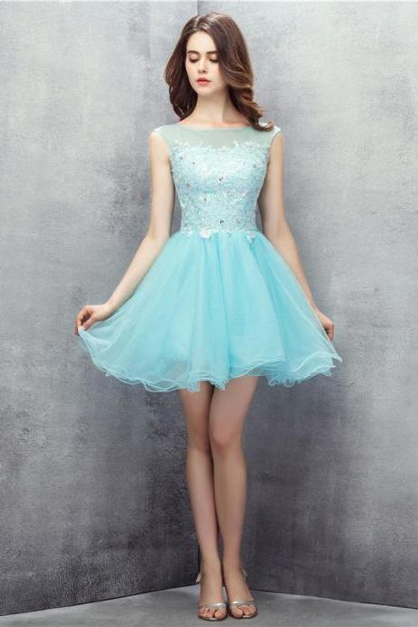 Homecoming Dresses, Graduation Dresses, Mini Party Dress, 2017, Lace Homecoming Dresses, Short Prom Dresses, Sky Blue Prom Dresses, Lace Prom Dresses Backless, Prom Dresses, Short Prom Dress, Tulle Prom Dresses, 2017 Prom Dresses, Custom Made