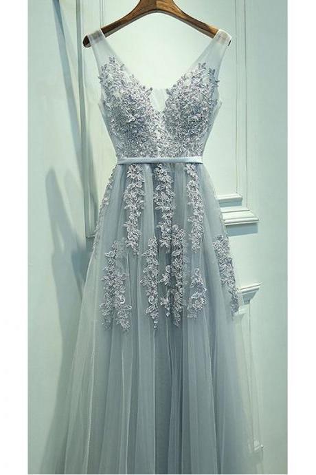 Prom Dresses, Gray Prom Dresses, V Neck Prom Dress, A line Prom Dresses, Long Prom Dresses, Tulle Lace Evening Gowns Appliquéd, Evening Dresses, Lace Prom Dresses, Wedding Party Dresses, 2017 Prom Dresses, Custom Made