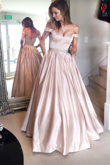 Prom Dresses, Blush Pink Prom Dresses, Off The Shoulder Prom Dress, A line Prom Dresses, Long Prom Dresses, Satin Evening Gowns, Evening Dresses, Lace Prom Dresses, Wedding Party Dresses, 2017 Prom Dresses, Custom Made