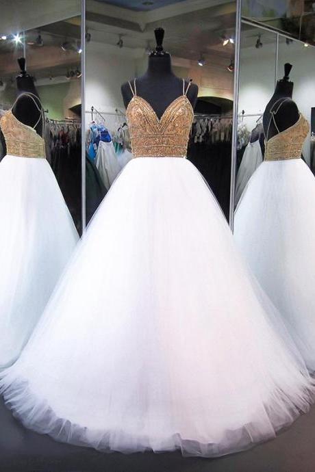Quinceanera Dresses, Long Prom Dresses Ball Gown, White Tulle Ball Gown Quinceanera Dresses, Formal Sweet 16 Dress, Sweet 15 Dresses, Puffy Tulle Prom Dress Beaded, Pageant Dress, Quinceanera Dresses Beaded